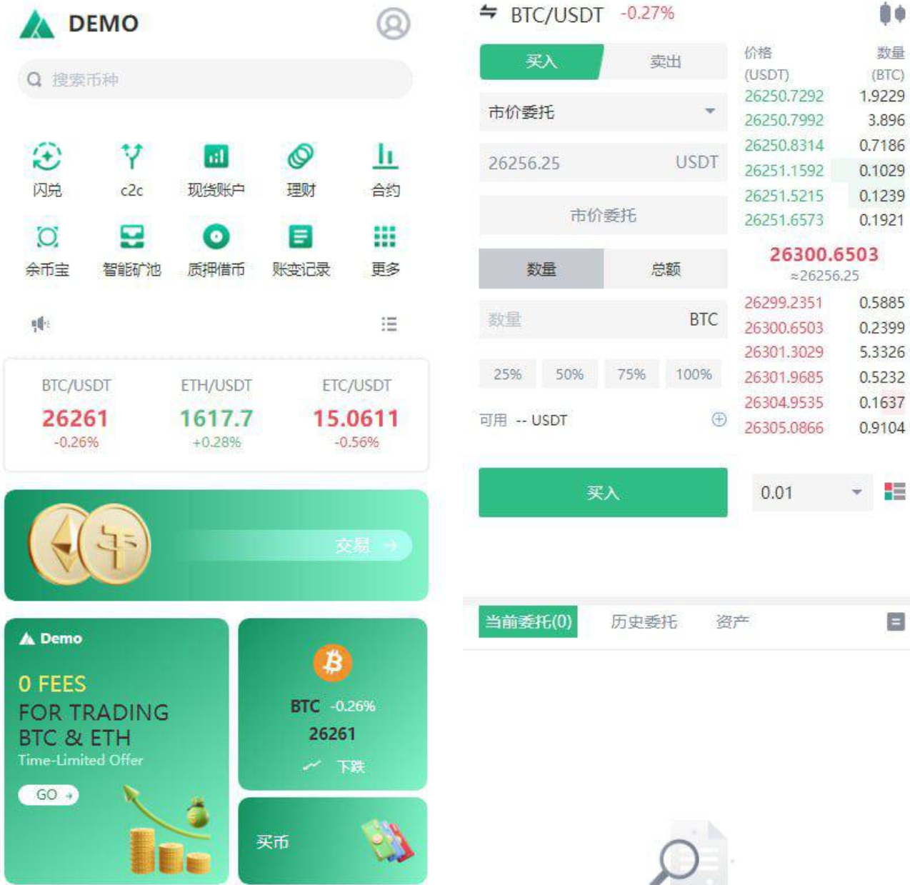 Demo多语言交易所源码/闪兑/C2C交易/永续合约/币币交易/智能矿池/质押借贷/前端uniapp+后端Java