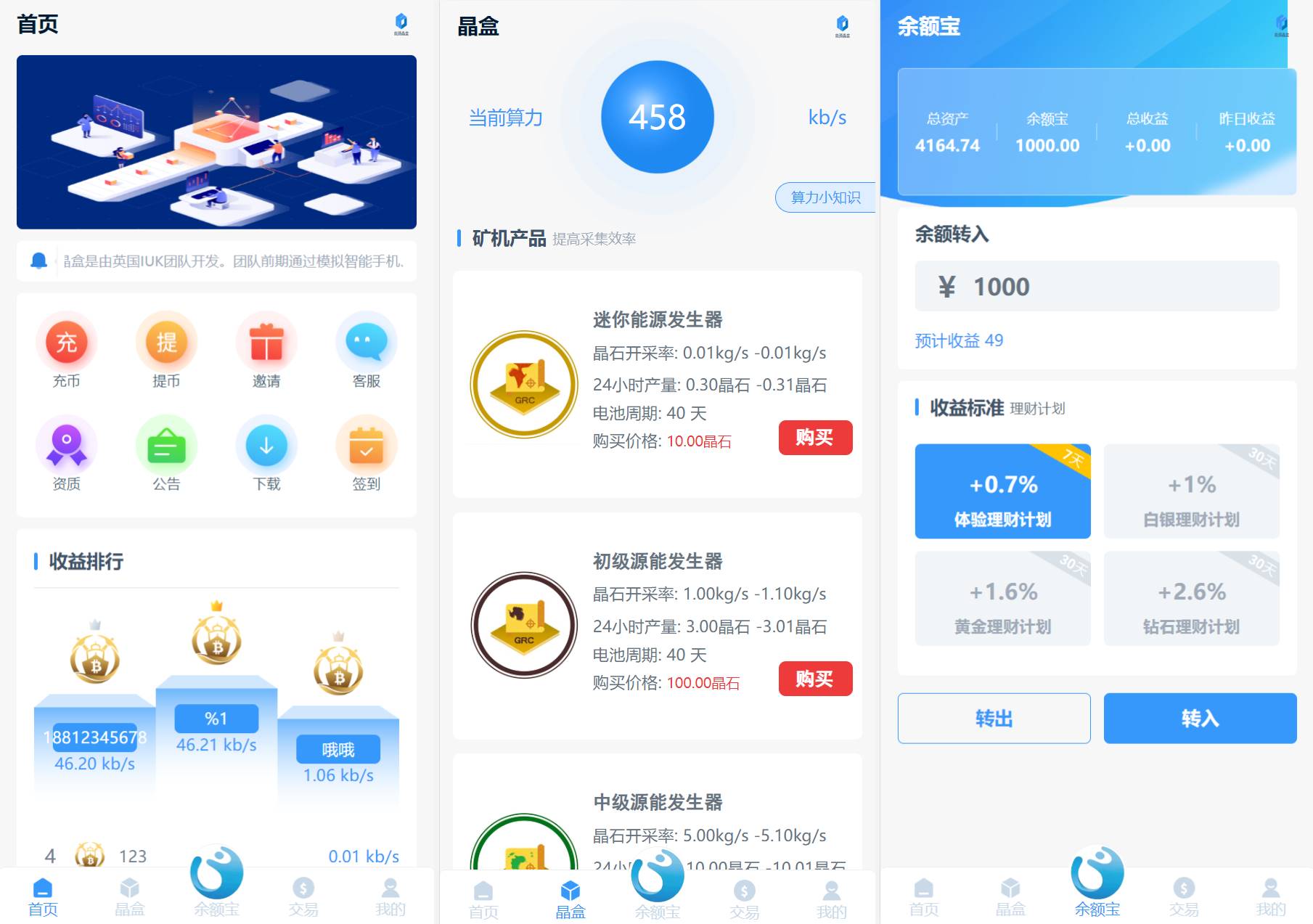 海外矿机挖矿系统源码/区块链云算力矿机/余额宝理财/虚拟币交易市场