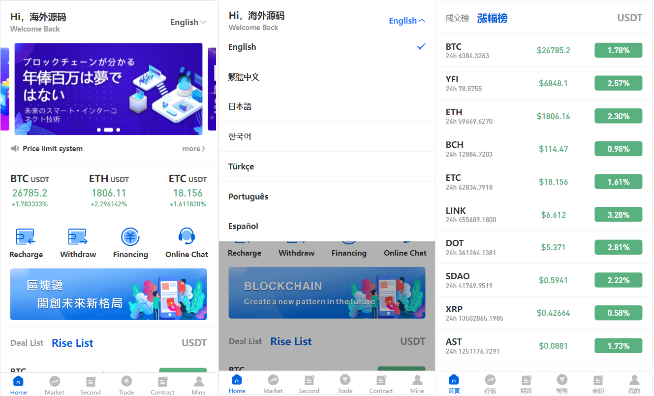 多语言区块链交易所/币币合约秒合约交易/质押理财